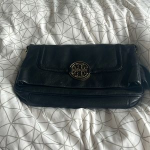 Tory Burch Amanda Fold Over Crossbody Bag or Handbag Pebble Leather in Black